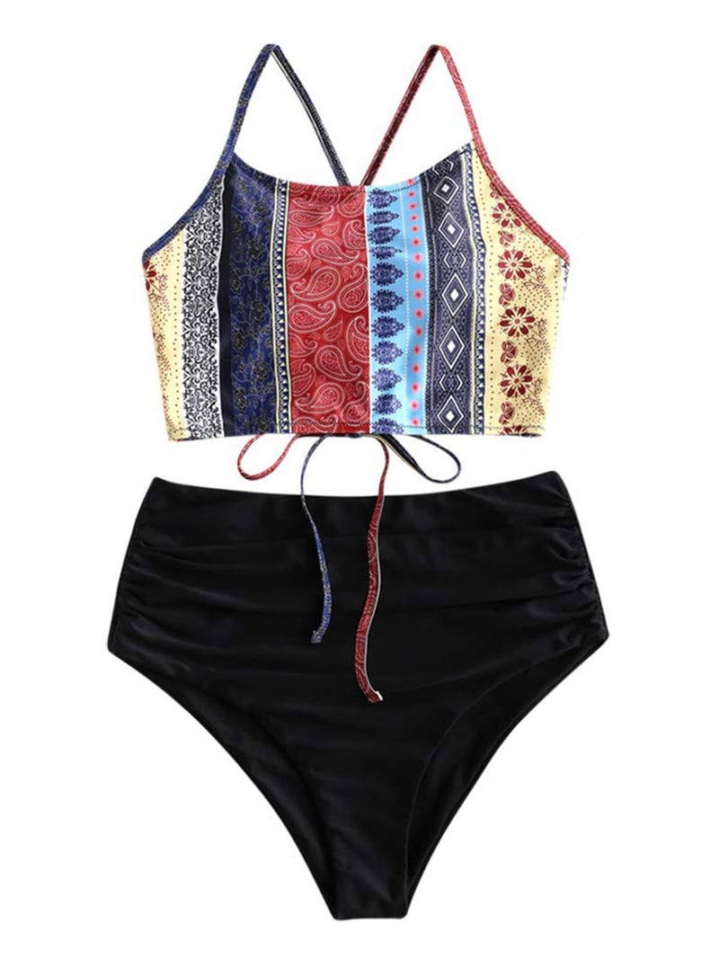 ZAFUL Women's Padded Bohemian Lace Up Tummy Control High Waisted Tankini Swimsuit Boho Two Piece Bathing Suit,M - Image 1